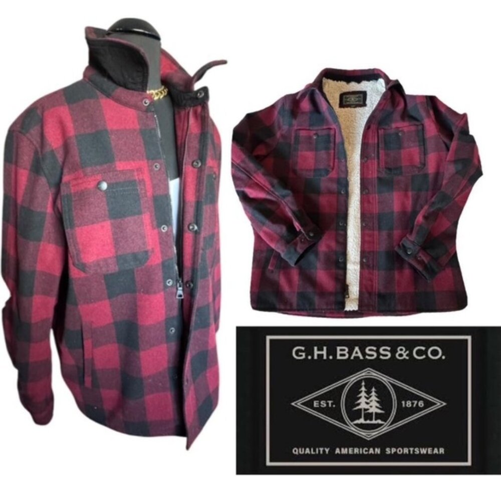 GH Bass Wool Blend Shell. Sherpa lined inside. Dual Closure Snap and Zipper.